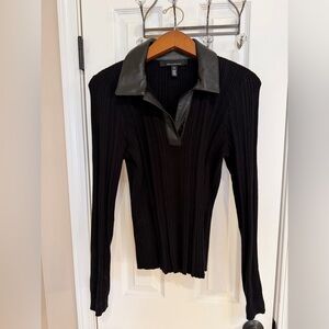 WHBM Black Ribbed Sweater with Faux Leather Collar